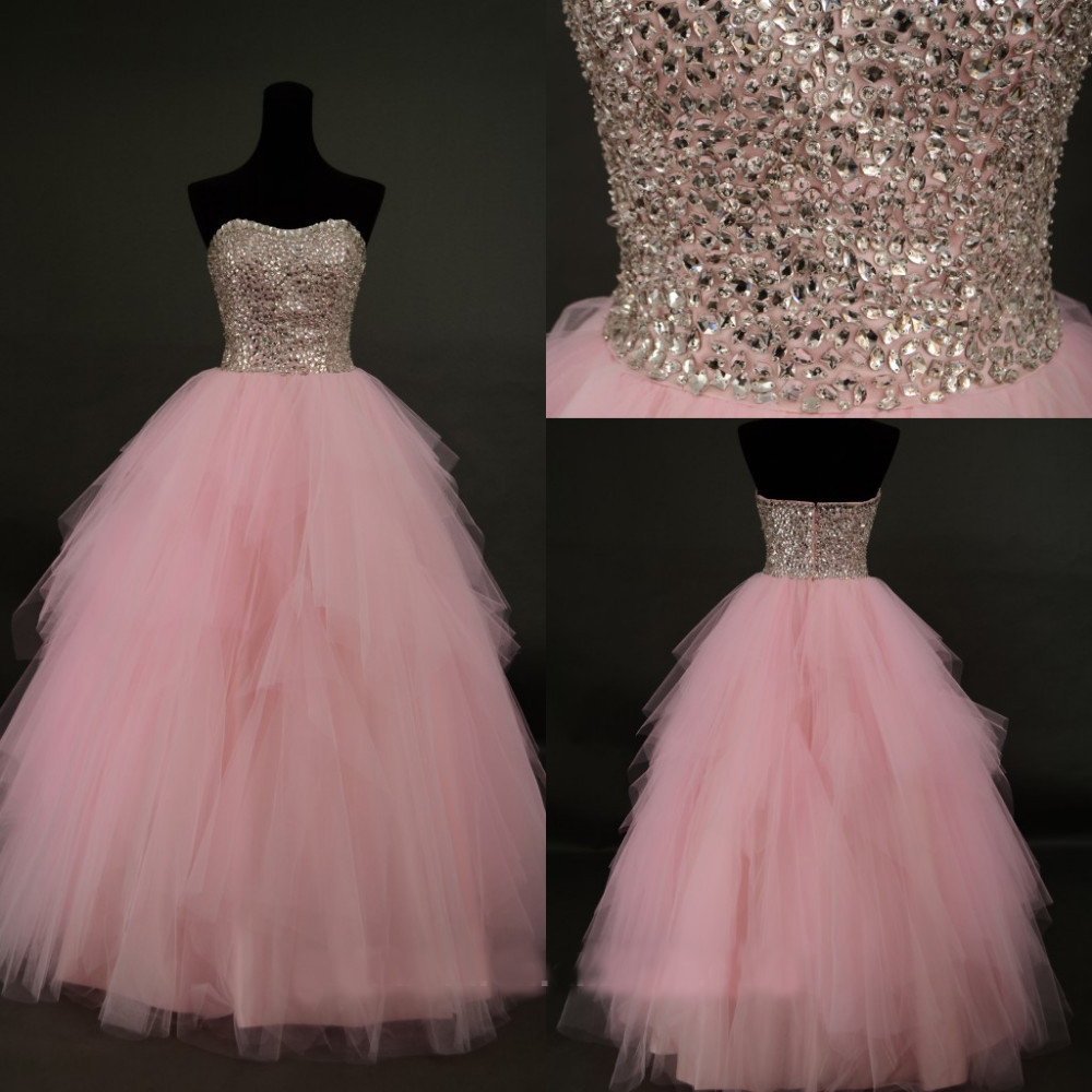 

2020 High Quality Pink Crystals Ball Gown Quinceanera Dresses Sweetheart Sequins Beads Floor Length Prom Party Sweet 16 Dress WD215, Same as picture