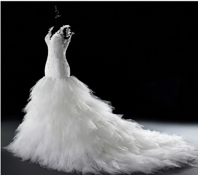 

Luxury Lace Backless Mermaid Wedding Dresses Plus Size Sexy V-Neck Tulle Skirt Dress Ruffle Bridal Gowns 2015 Real Image Vestidos de Novia, Champagne