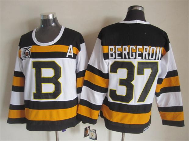 

Top Quality ! Men Boston Bruins Ice Hockey Jerseys Cheap #37 Patrice Bergeron White 75th Anniversary Retro Vintage CCM Stitched Jerseys