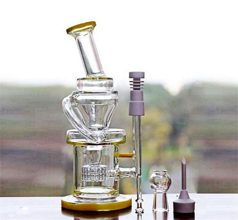 

Lastest Yellow Glass Bongs Water pipes Glass Bongs 14.4mm Joint Recycler Oil Rigs Headshower Percolators Smoking Pipes 27cm Tall