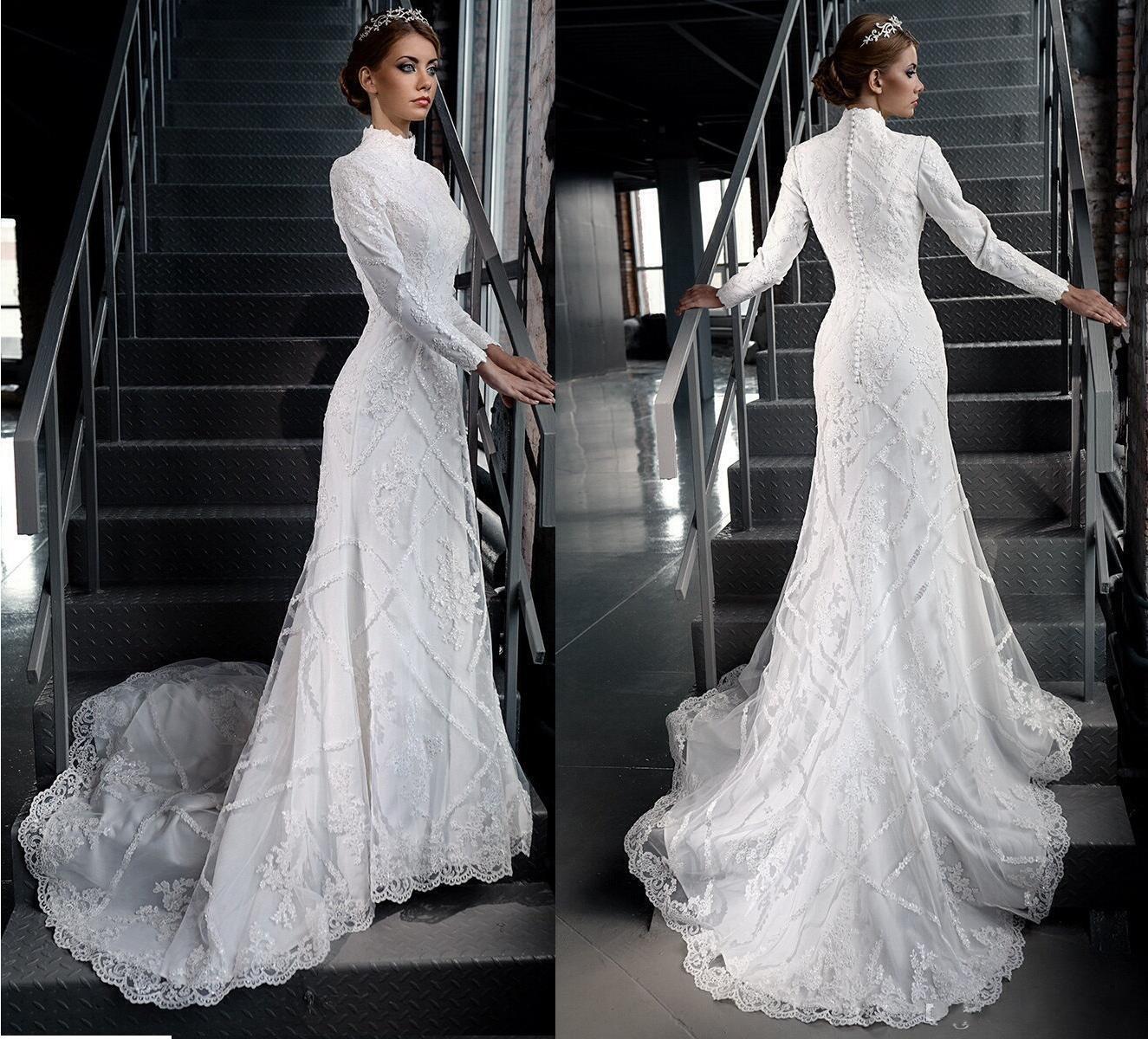 

Vintage Modest Lace Wedding Dresses Long Sleeve Tradional Catholic Christian Wedding Gown Muslim Dubai Arabic Bridal Appliques Real Image, White