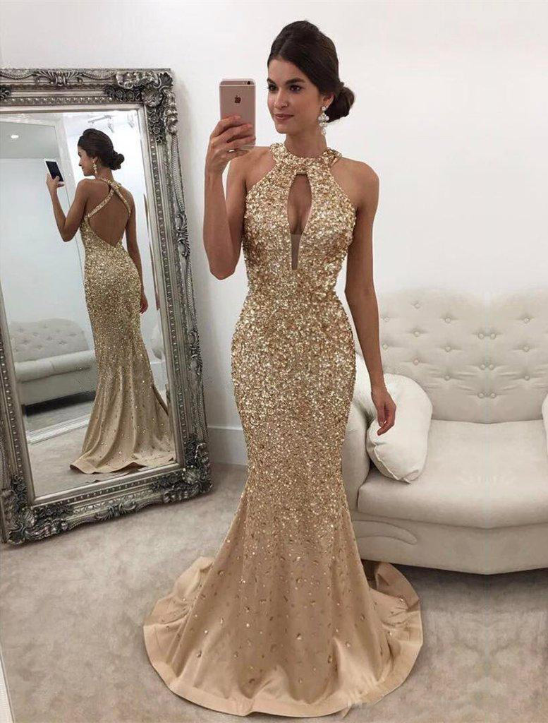 

Major Beading Sequined Mermaid Gold Evening Party Dresses Jewel Neck Criss Cross Backless Long Prom Gown Shiny Sexy 2019