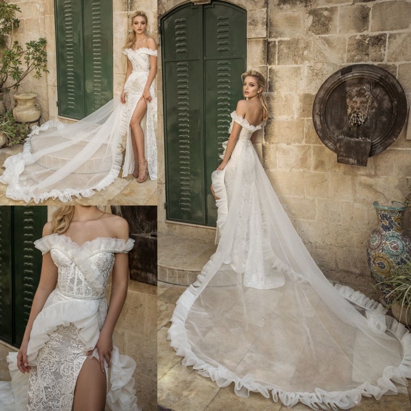 

Vintage Wedding Dress Free Shipping Off The Shoulder Sexy Mermaid Wedding With Overskirt Dresses Appliques Split Custom Made Bridal Gowns, Red
