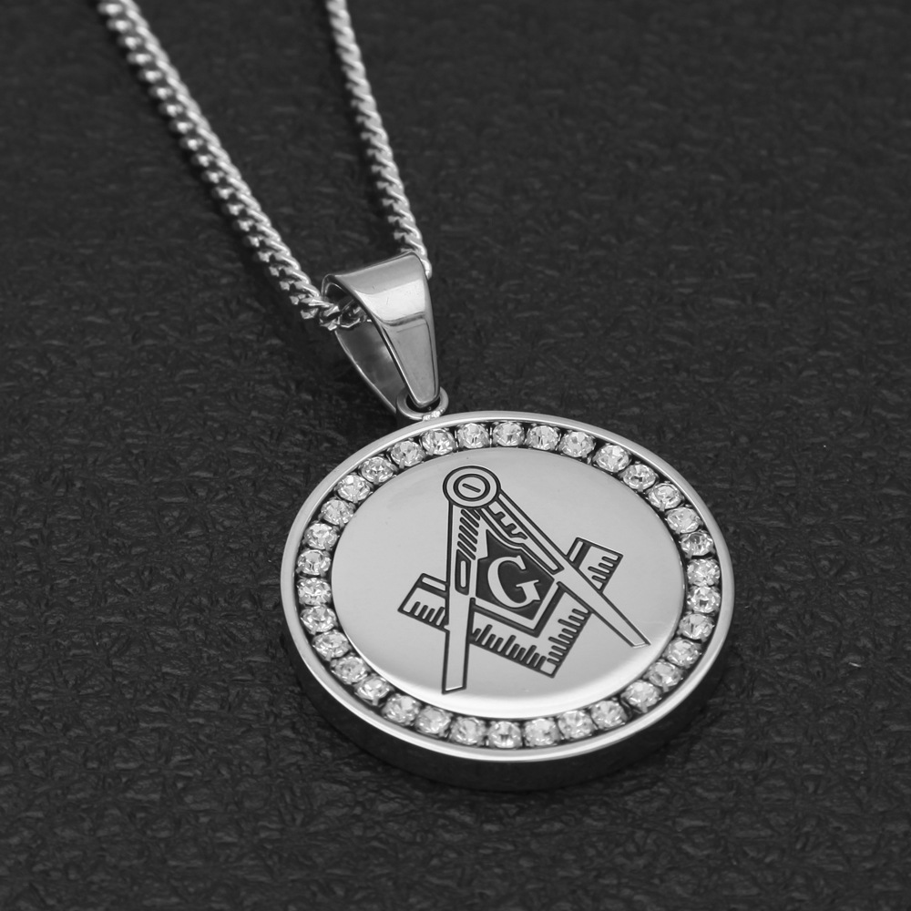 

Men Free Mason Round Pendant Tag Stainless Steel With Clear Rhinestones Masonic Compass&Square Symbol 24" Cuban Chain Necklace