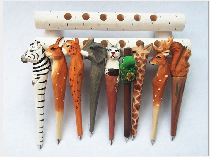 

Wooden folk art animal carving new creative ballpoint pen,Animal shape ballpoint pen, animal carving wood pens, hand carved pen, Blue;orange