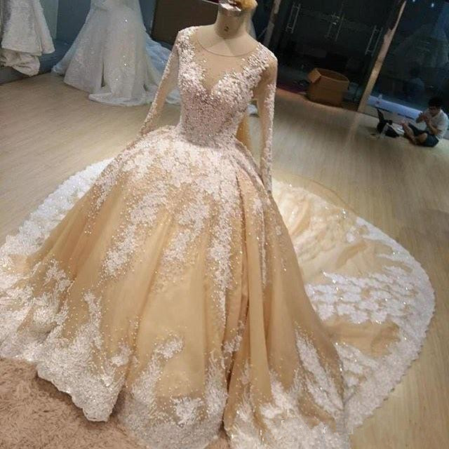 

Luxury Pearls Champagne Wedding Gowns Beads Lace Ball Gown Long Sleeve Wedding Dresses Sheer Neck Appliqued Bridal Dress, Ivory