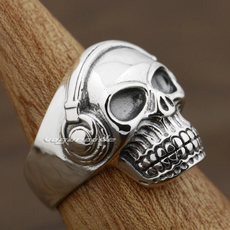 

925 Sterling Silver DJ Skull Studio Music Headphone Mens Ring 8Y011 US Size 8~14 Free Shipping