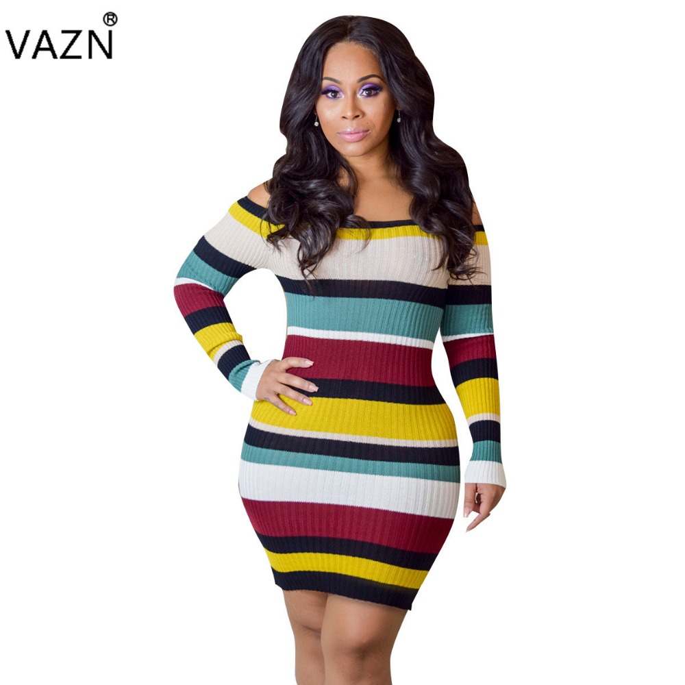 

VAZN 2018 Hot Sale Exotic Designer Bandage Dress Full Sleeve Mini Dress Slash Neck Sexy Women Bodycon Dress A7531L q1118, Multi