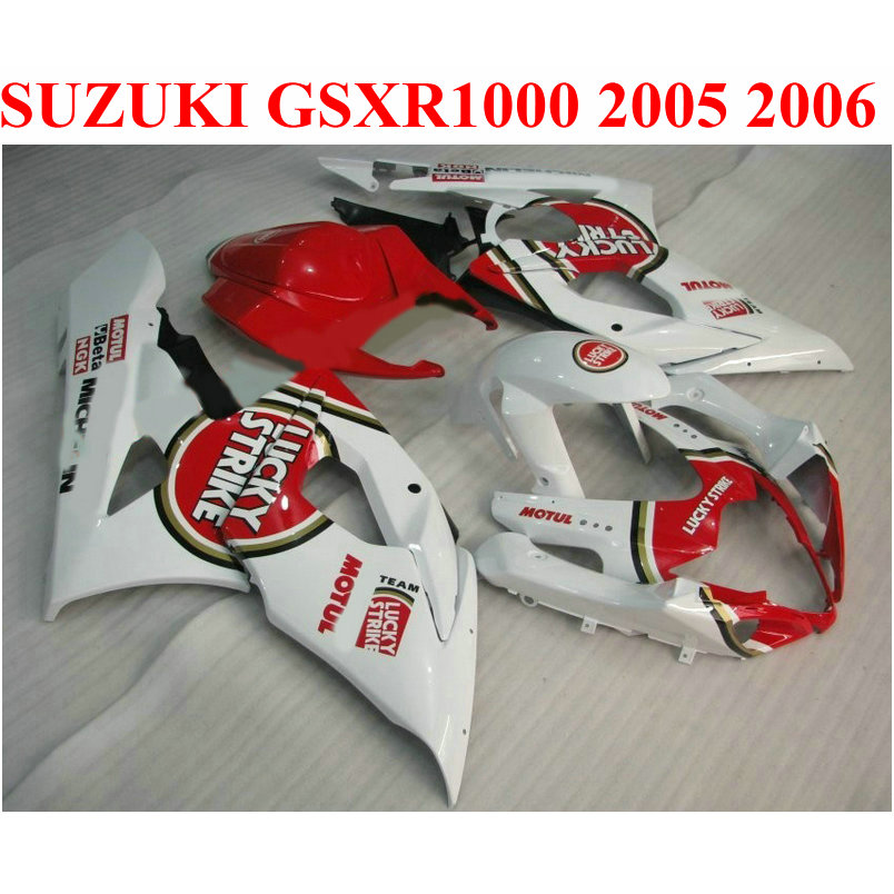 

Perfect fit for SUZUKI 2005 2006 GSXR 1000 K5 K6 fairing kit GSX-R1000 05 06 GSXR1000 white red LUCKY STRIKE fairings set QF59, Same as the picture shows