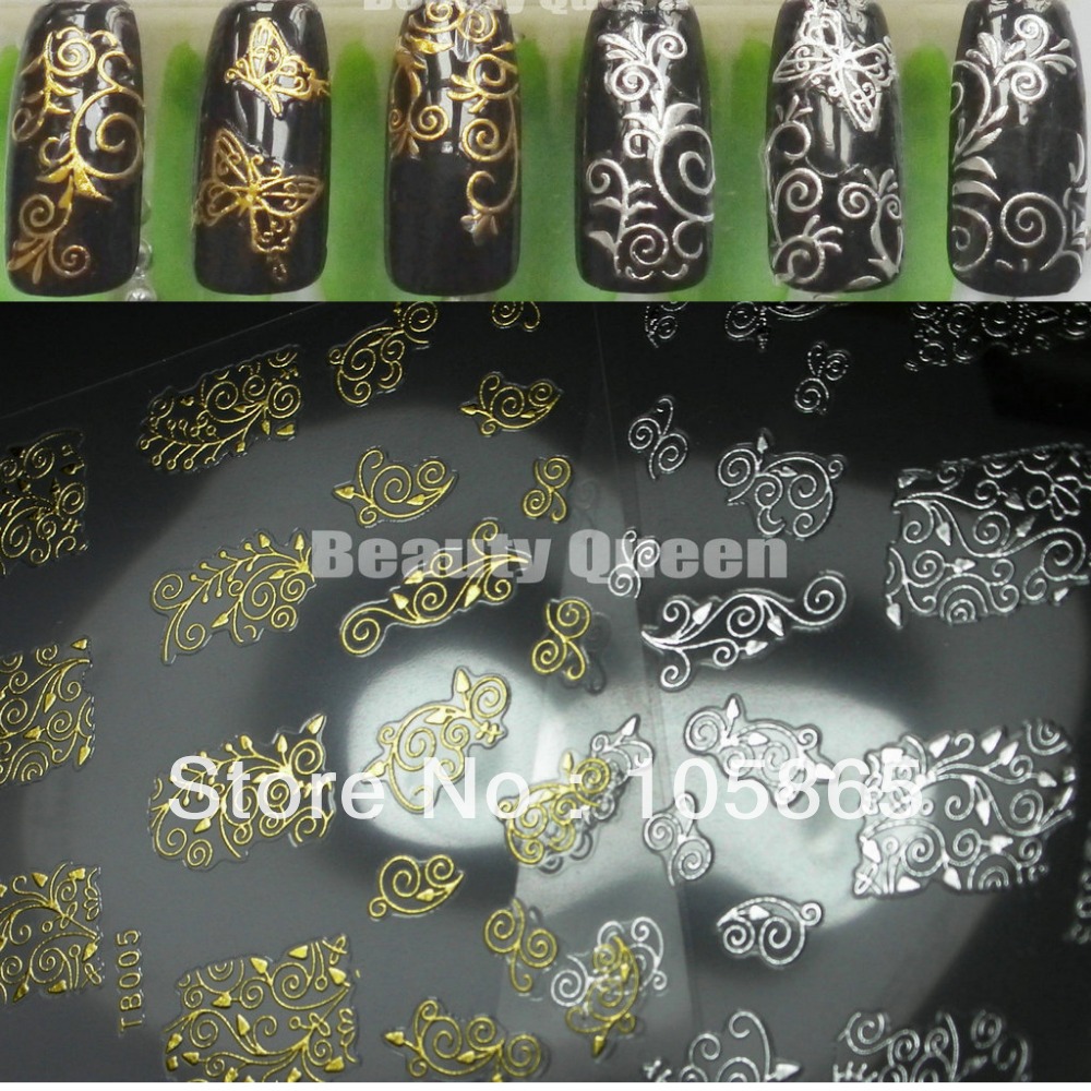 

6x GOLD + 6x SILVER Bling Metal Nail Decal Transfer Sticker 3D Nail Art Metallic Glitter Swirls Back Adhesive Appliques Manicure, Gold & silver