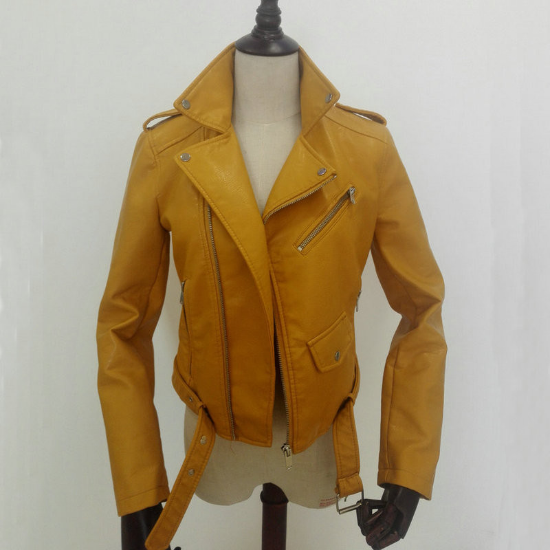 

Wholesale- 2017 New Fashion Autumn Winter Women Brand Faux Soft Leather Jackets Pu Blue Red Yellow Zippers Long Sleeve Motorcycle Coat