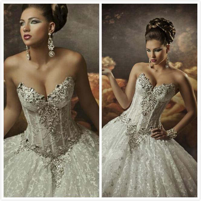 

Royal Dramatic Sexy Wedding Dresses Sweetheart Ball Lace Bling Crystals Beaded See Through Corset Wedding Dress Beach Bridal Gowns, White