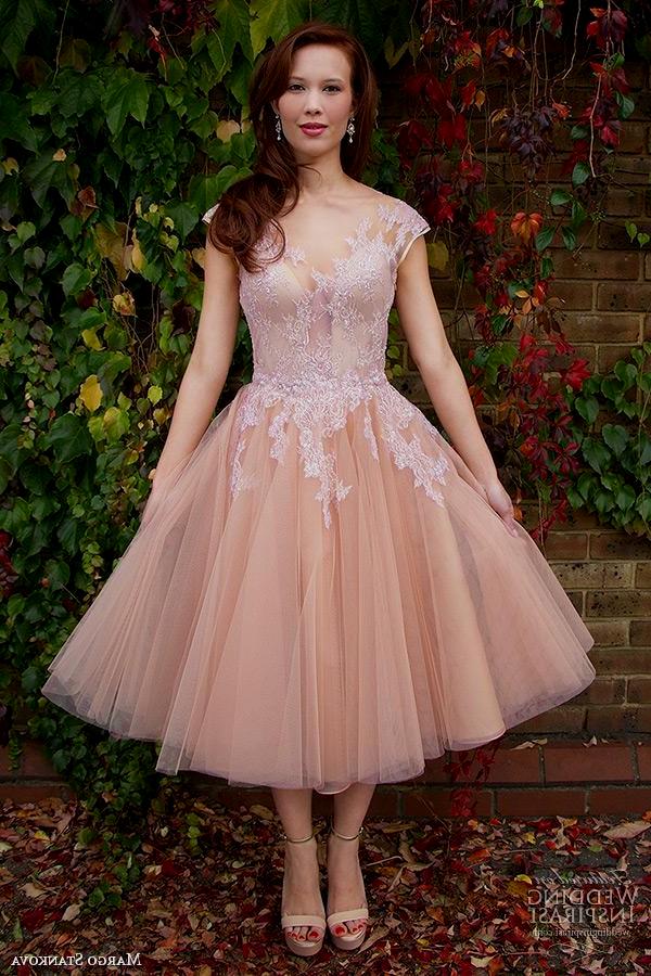 

Blush Vintage Tea Length Wedding Dresses Boho Illusion Lace Bohemian Wedding Dress Tulle Cheap Country Wedding Dresses Short Cap Sleeve Gown, White