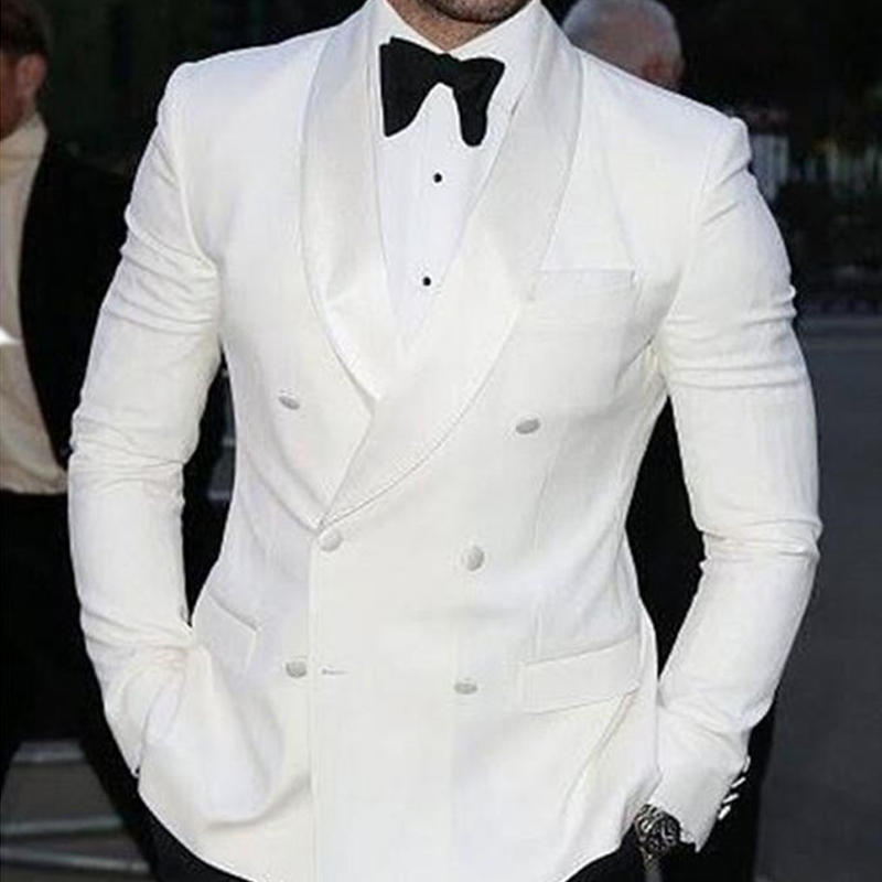 

White Wedding Groomsmen Tuxedos 2018 Double Breasted Trim Fit Groom Suit Two Piece Men Suits (Jacket + Pants), Same as image