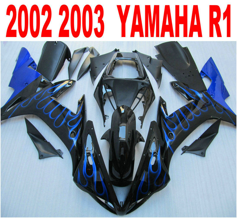 

Injection mold ABS full fairing kit for YAMAHA R1 2002 2003 blue flames in black fairings set 02 03 yzf r1 LQ18, Same as the picture shows