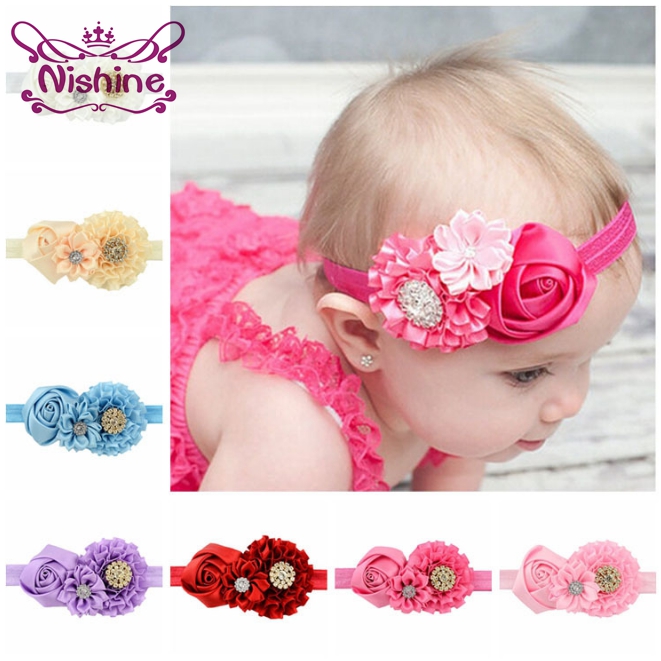 

Nishine New Satin Rose Flower Headband with Shining Button Kids' Hair Accessories Headband Hairband Accesories 14 Colors to Choose, Multi-color