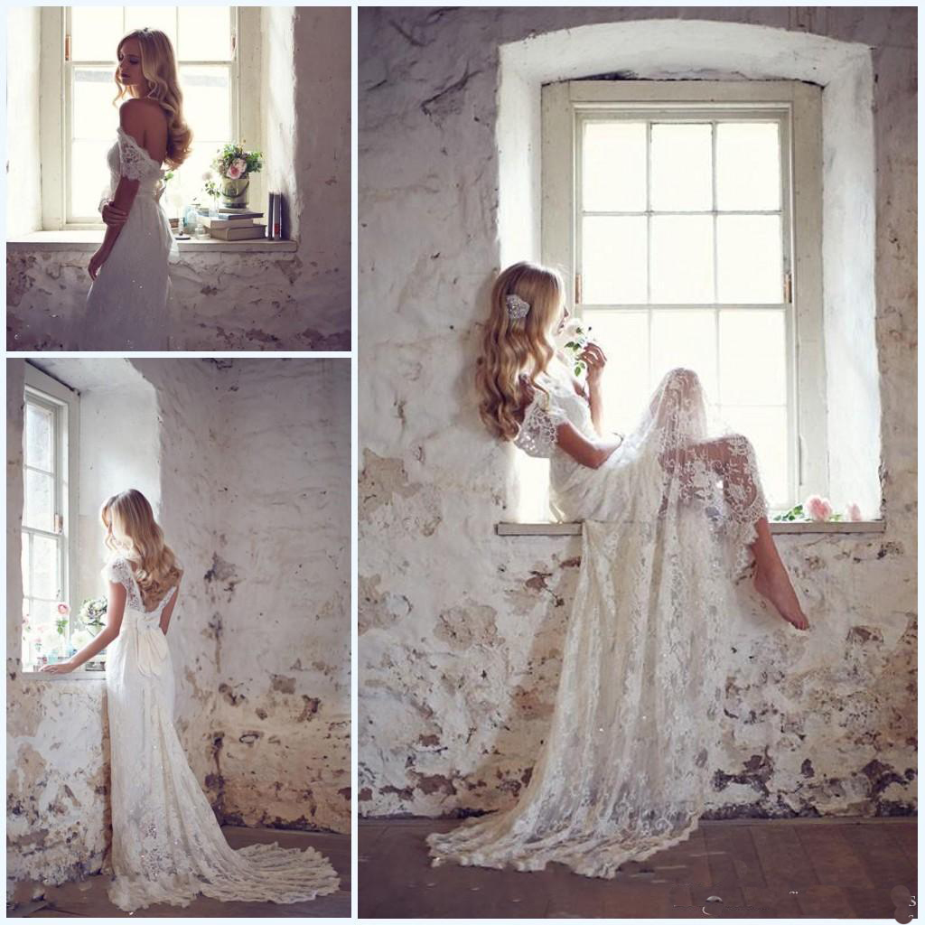 

2019 Lace Bridal Gowns Matched Bow White Ivory Custom Made Elegant Beach Wedding Dresses Beaded Cap Sleeve V-Neck Court Train, Custom made from color chart