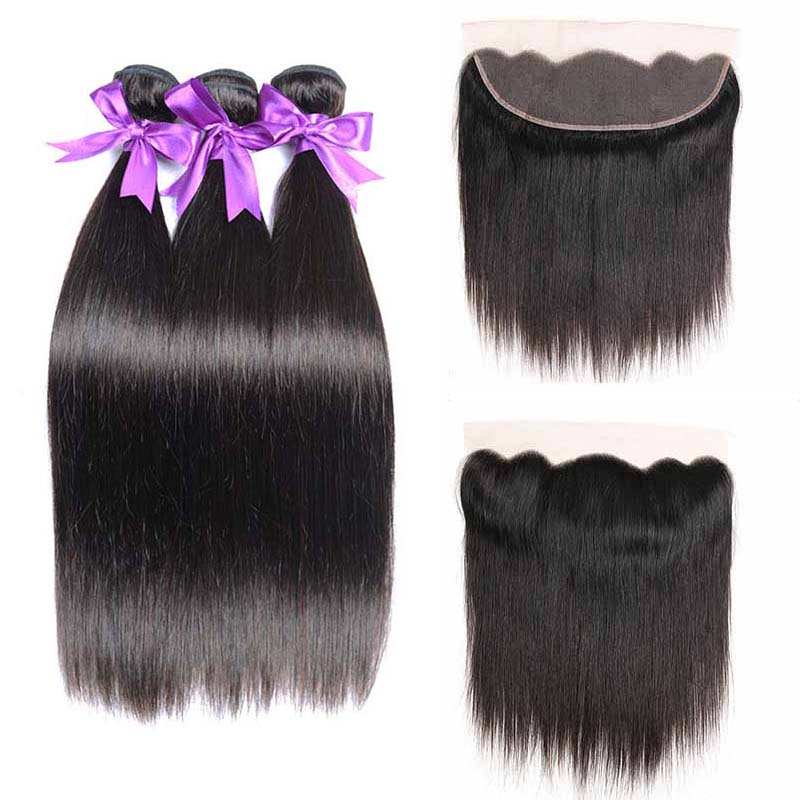 

Brazilian Straight Human Hair Bundles with lace Frontal Ear to Ear Lace Frontal Closure Straight Virgin Hair 13x4 Frontal With Bundles Deals, Natural color