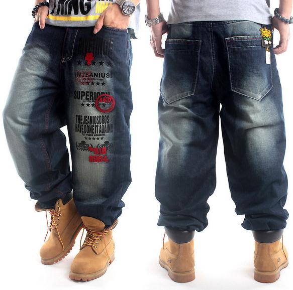 

New Plus Size hip hop baggy jeans men Letter Print hip hop dance pants Skateboard Jeans Loose Style most popular jeans for men, Blue