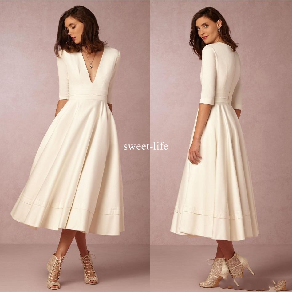 

New Arrival 2019 Homecoming Dresses Deep V Neck Half Sleeves Graduation Dress Tea Length Formal Evening Party Prom Gowns, Light purple