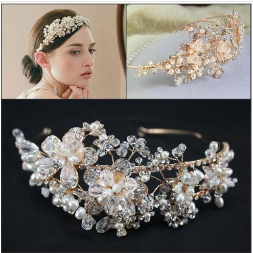 

2015 Gold Vintage Bridal Jewelry Headpiece Imitation Pearl Hair Accessories Crystal Hair Band headbands Bridal Crown Tiara Wedding Jewl HT17