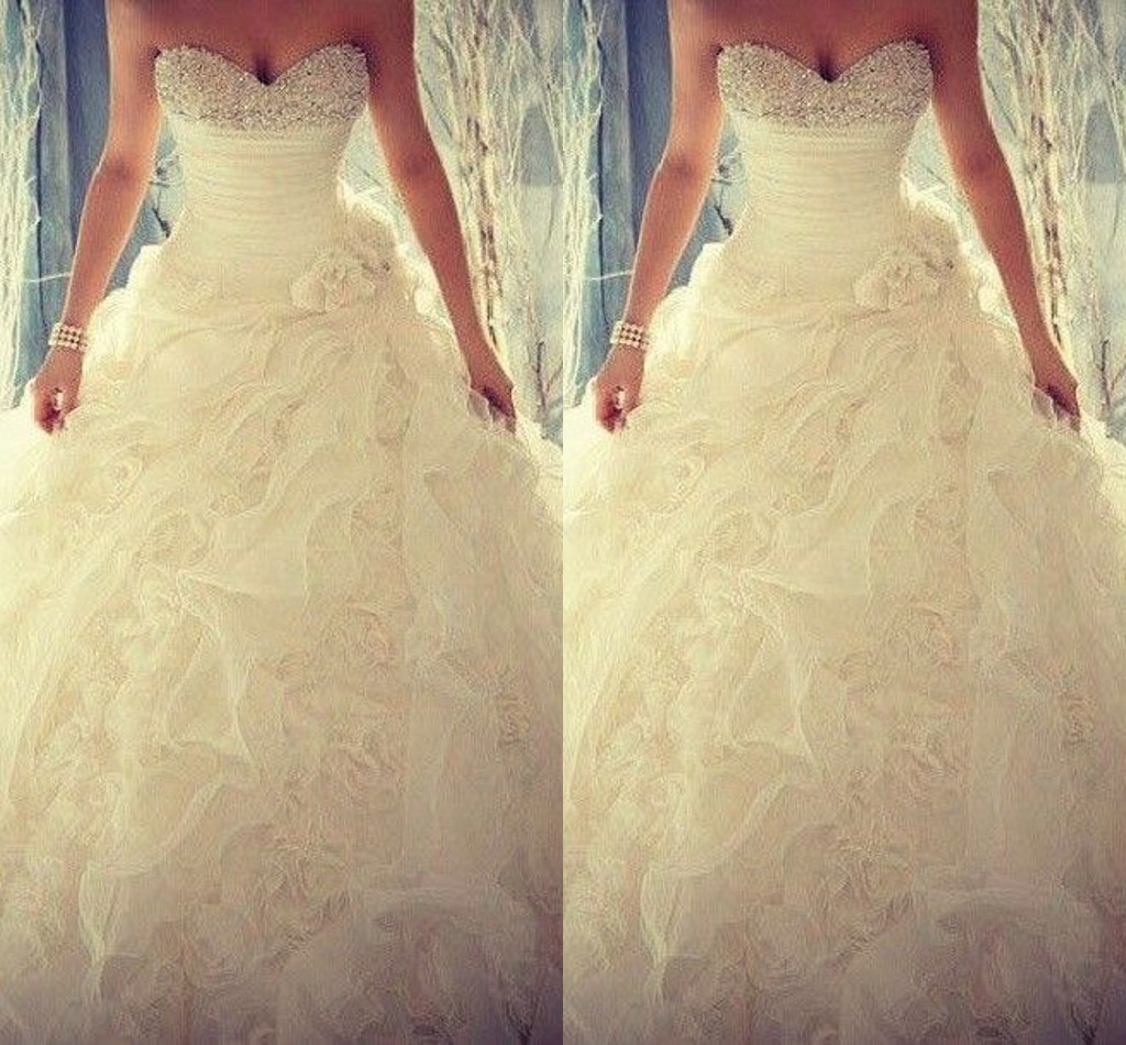 

2015 Spring Beaded Crystals Wedding Dresses Flouncing Ruffles Handmade Flower Organza Wedding Gowns Sweetheart Ball Gown Elegant Bridal Gown, Ivory