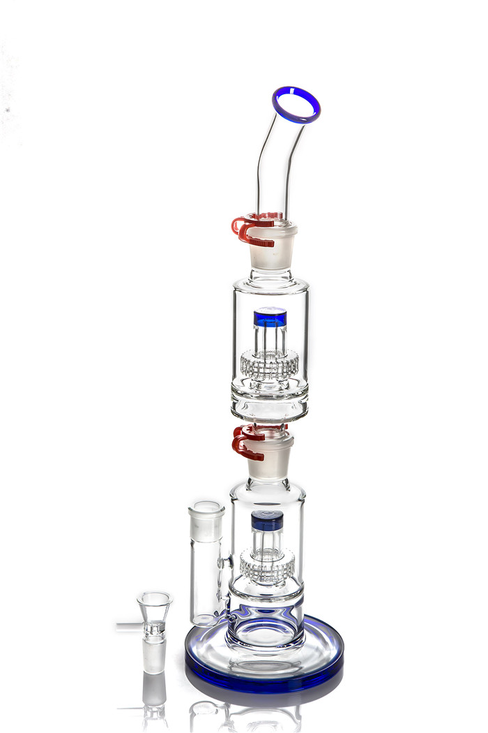 hookahs Bong Heady Thick Bubbler Glass Blue Matrix and Birdcage Percolator Water Pipes Removable Straight Tube Recycler Oil Rig 18"-image-255696217