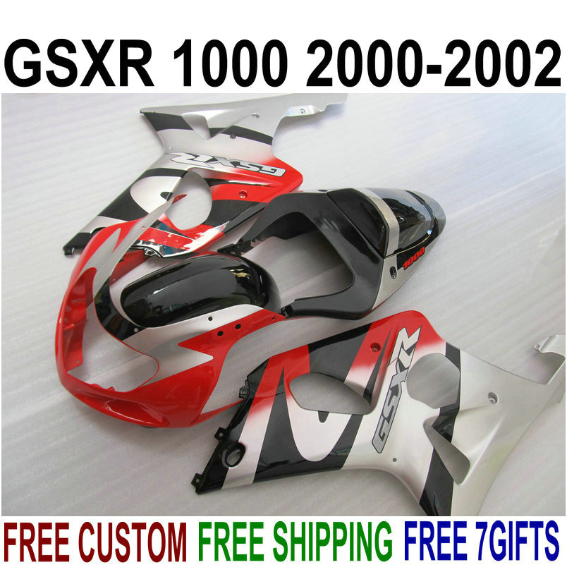 

Free shipping Fairings set for SUZUKI GSX-R1000 2000 2001 2002 silver black red motorcycle fairing kit K2 00 01 02 GSXR1000 YR16, Same as the picture shows