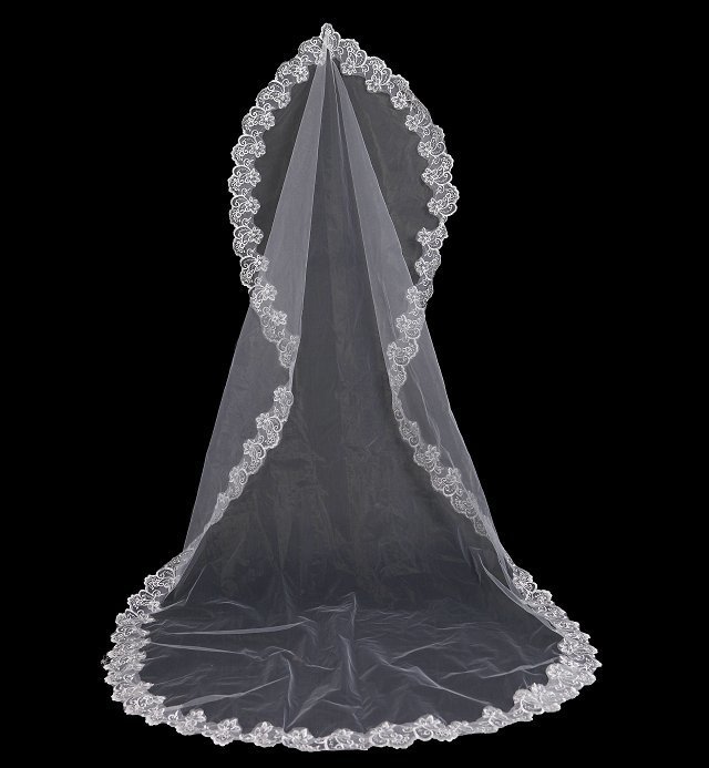 

2015 Hot Selling Bridal Wedding Veils One Layer 3m White Ivory Bridal Veils with Lace Appliques Tulle Wedding Veil, Black