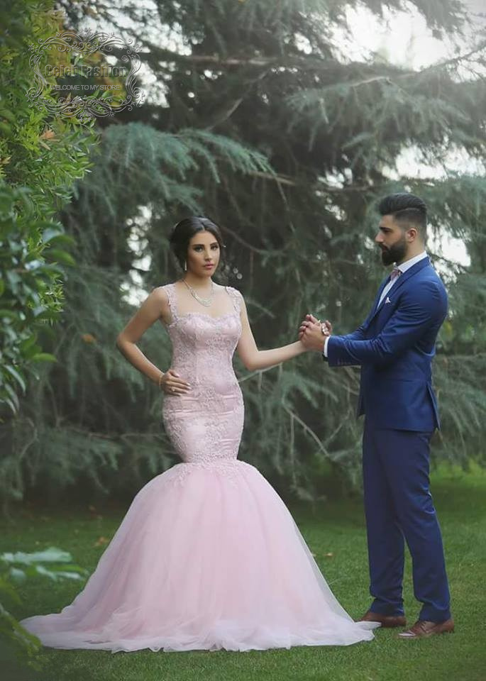 

Brand Design Top Lace Appliques Bodice See Through Back Long Mermaid wedding Dress Fashionable Tulle Pink bridal Dress, White