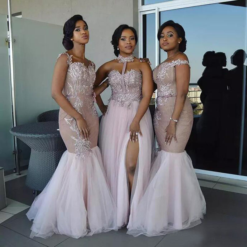 

Three Styles Spaghetti Halter Off Shoulder Mermaid African Bridesmaid Dresses Long Lace Applique Maid Of Honor Wedding Guest Dress EN110313