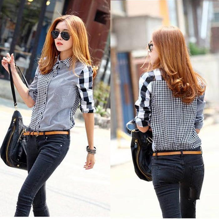 

2015 New Plus Size 1PC Women Casual Button Down Long Sleeve Checks Shirt Lattice Blouse Feida, Army green