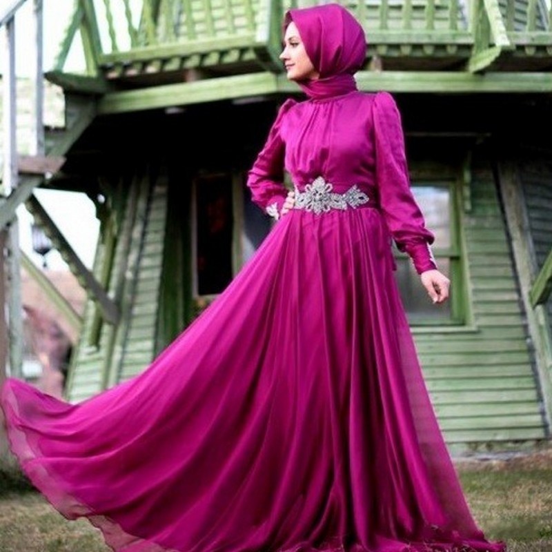 

Fuchsia Chiffon Long Sleeve Muslim Evening Dress With Hijab Beaded Sashes Dubai Kaftan Online-Clothing-Shopping Formal Party Prom Dresses, Coral