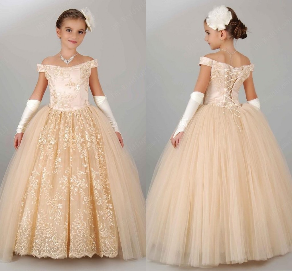 

2018 Cheap Flower Girls Dresses For Weddings Off Shoulder Champagne Lace Ball Gown Birthday Dress Children Party Kids Girl Pageant Gowns, Pink