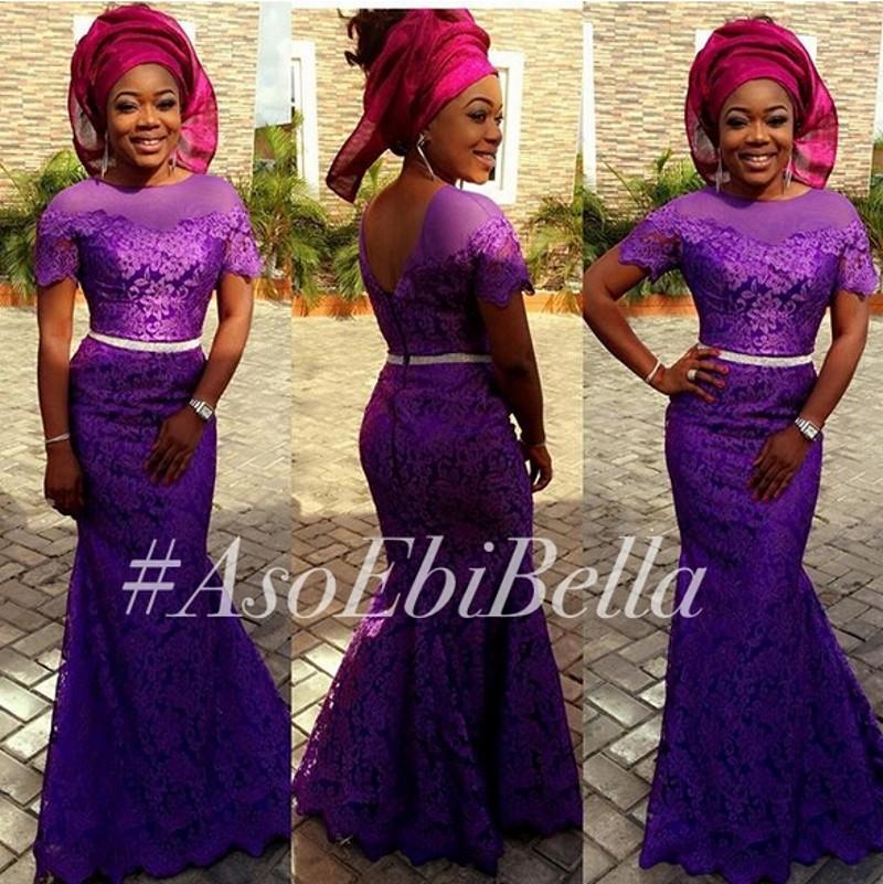 

Purple Aso Ebi Styles Lace Evening Dresses Bella Naija Traditional Formal Party Gowns Mermaid Short Sleeve Formal Plus Size Party Dresses, Light purple