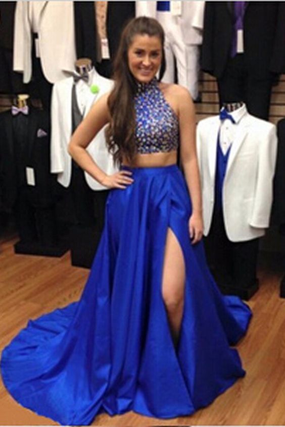 

Royal Blue 2 Piece Long Prom Dresses With Beaded Side Splite A Line Custom made High Neck Formal Evening Party Pageant Gowns 2016, Ivory