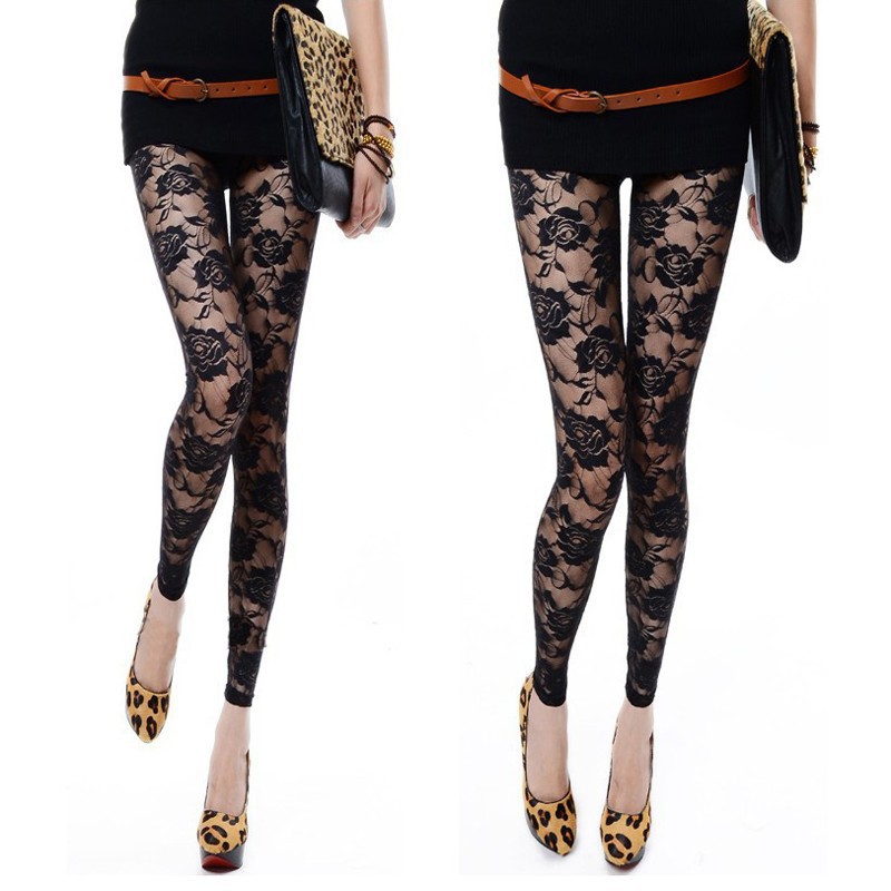 

Wholesale-Black White Rose Lace Through Leggings Pants Footless Sexy For Women Lady