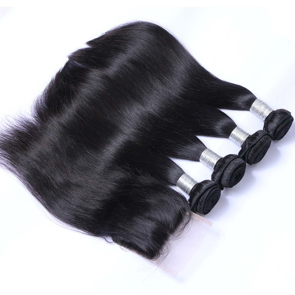 

8A Brazilian Virgin Human Hair Weave 4 Bundles with Lace Closure Malaysian Peruvian Indian Cambodian Mongolian Straight Remy Hair Extensions, Free part closure