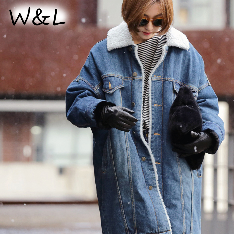 

Wholesale- 2017 winter women denim jacket Jeans vintage Coat parkas plus size -2XL loose casual ladies warm Outwear Thick long coat, Blue