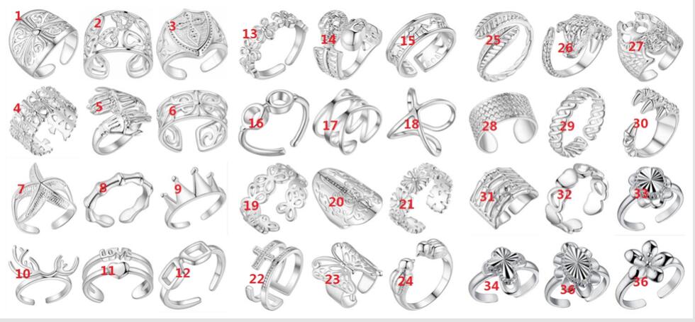 

2018 new Fashion mix 36 style 36pcs Plated 925 Sterling Silver Ring Can be adjusted Opening Ring Skull Cross Love heart FLOWER Rings