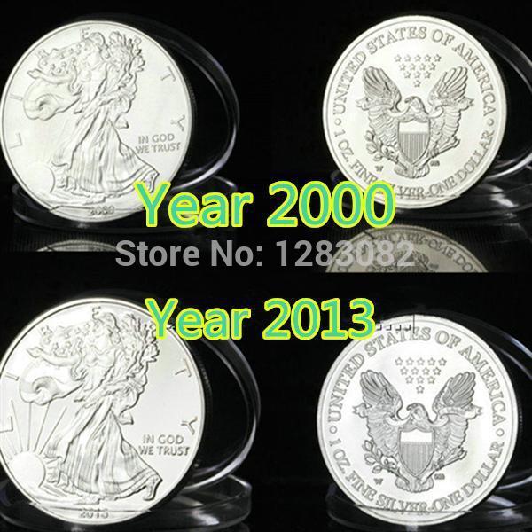 

Mix 2 design,6pcs/lot sample order,1oz silver brass non magentic year 2000&2013 american liberty eagle silver coin Free shipping
