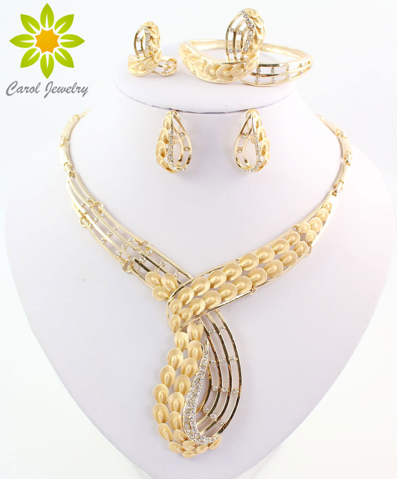 

Fine Jewelry Sets For Women African Beads Wedding Accessories Bridal Collar Crystal Costume Necklace Bracelet Ring Earrings Set, Golden
