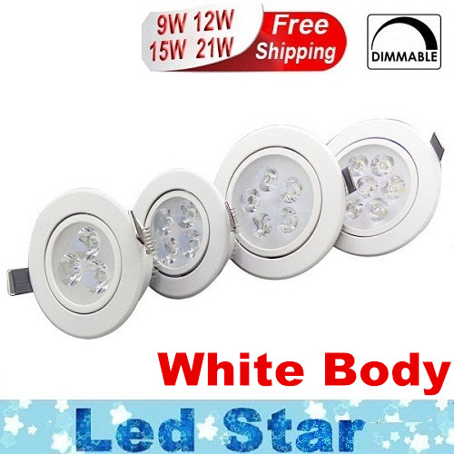 

White/Silver Dimmable 9W 12W 15W 21W Led Down Lights High Power Led Downlights Recessed Ceiling Lights CRI>85 AC 110-240V With Power Supply