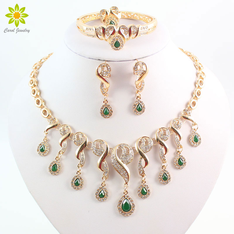 

Gold Plated Crystal African Beads Jewelry Sets For Women Dress Accessories Wedding Bridal Green Zircon Necklace Earrings Set