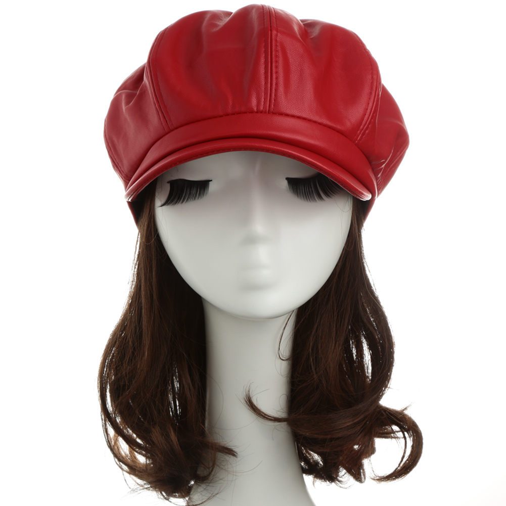

Wholesale-Women Winter Hats PU Leather Beret Hat Ladies Cap Casual Beret Cap New Fashion Beanie Hat Black/Red/Camel