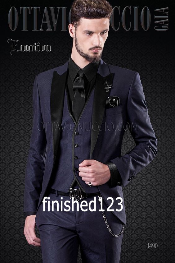 

Classic Style One Button Navy Blue Groom Tuxedos Peak Lapel Groomsmen Best Man Blazer Mens Wedding Suits (Jacket+Pants+Vest+Tie) H:638, Same as image