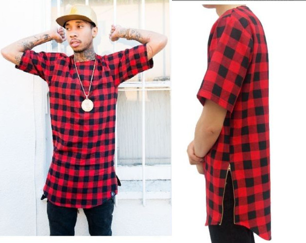 

Tyga L K Hip Hop Gold Side Zipper Oversized Plaid T shirt Men Casual Plaid Tartan Tee Shirt, Black