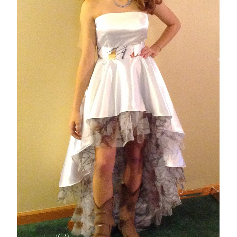 

High Low Prom Dress Strapless Camo Dress Tulle Satin Formal Gown In Stock, Same as image