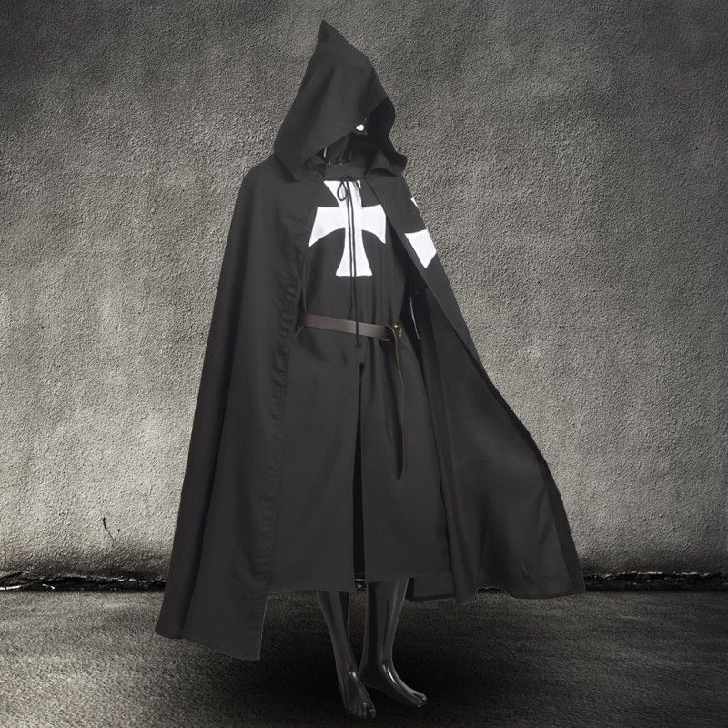 Men Vintage Medieval Warrior Larp Cosplay Costume Templar Knight Black Tunic /CAPE Hooded Cloak Robe with Belt-image-265430018