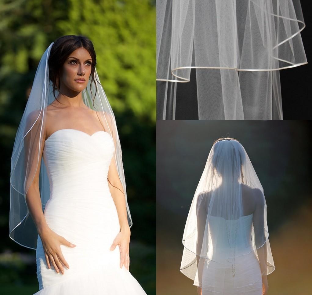 

2019 Short Fingertip veil with blusher double tier fingertip veil with 1 8" corded satin trim satin cord trim Bridal veils ivory veils, White